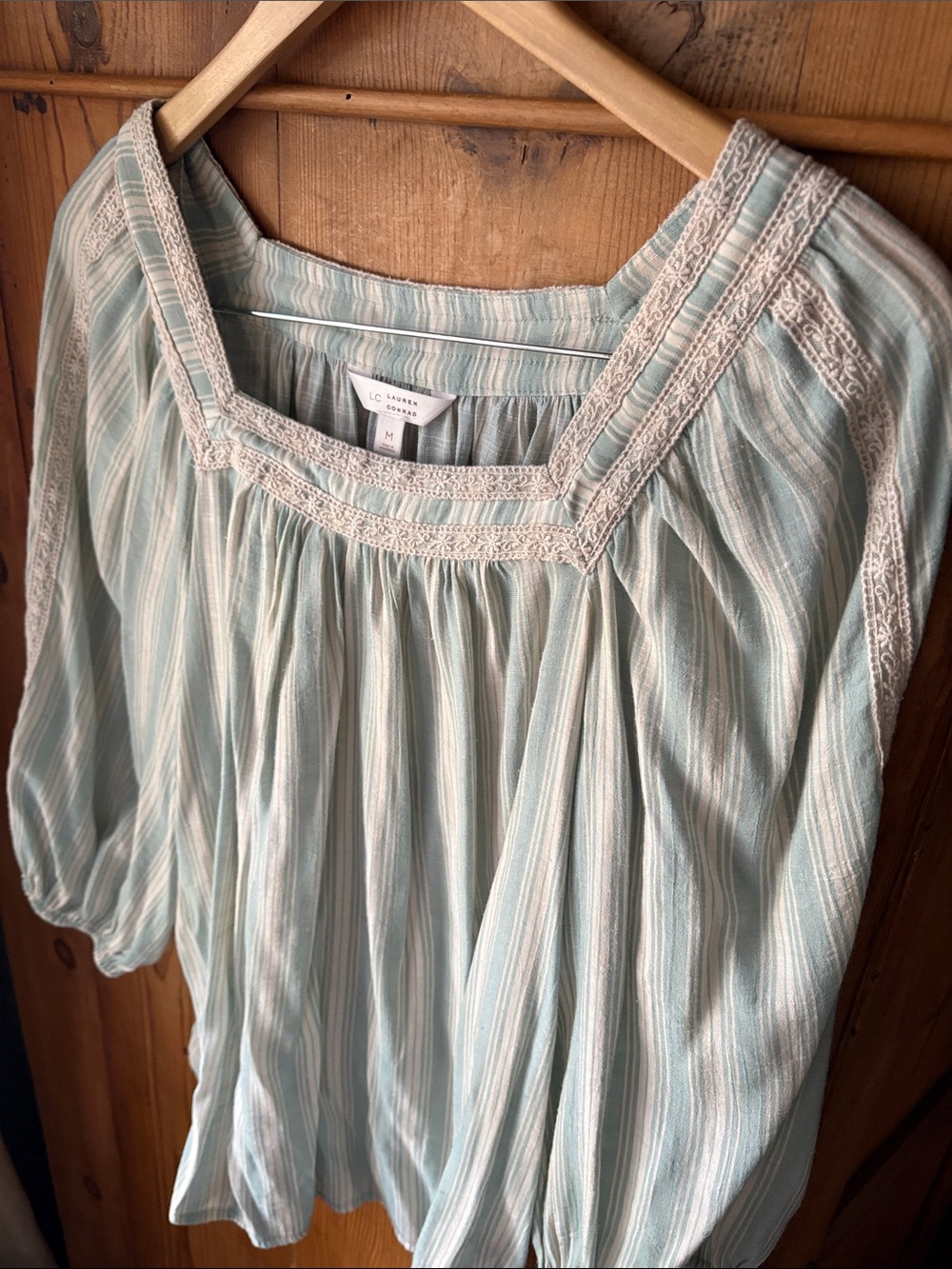 LC Lauren Conrad Mint-Striped Crochet Trim Peasant Blouse - Picture 4 of 5